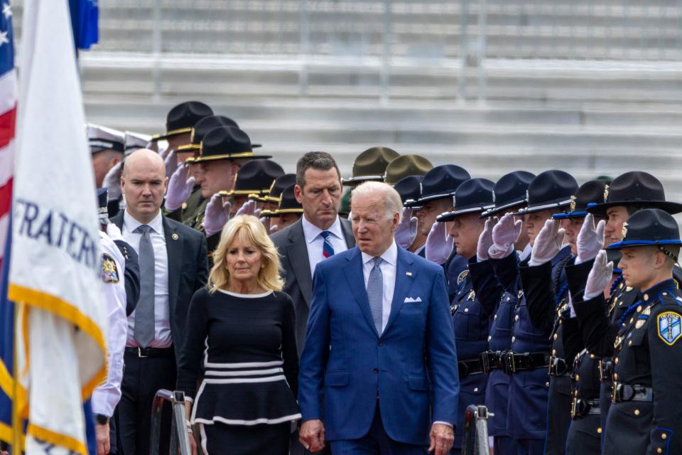 First lady Jill Biden and President Joe Biden at the Fraternal Order of Police's annual National Peace Officers' Memorial Service at the U.S. Capitol on May 15, 2022.