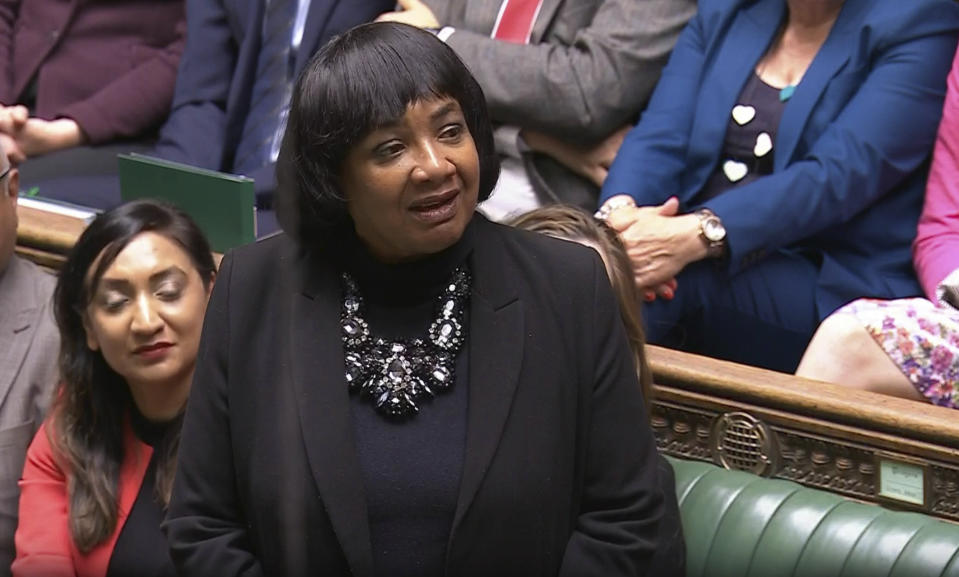 In this image taken from video, Britain's Member of Parliament Diane Abbott speaks in the House of Commons, London, Tuesday July 9, 2024, as Parliament returned on Tuesday. (House of Commons/UK Parliament via AP)