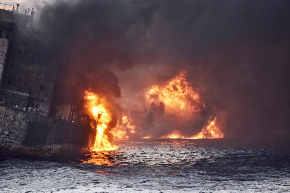 <p>Iranian oil tanker Sanchi is seen engulfed in fire in the East China Sea, in this Jan. 13, 2018 picture provided by Shanghai Maritime Search and Rescue Centre and released by China Daily. (Photo: China Daily via Reuters) </p>