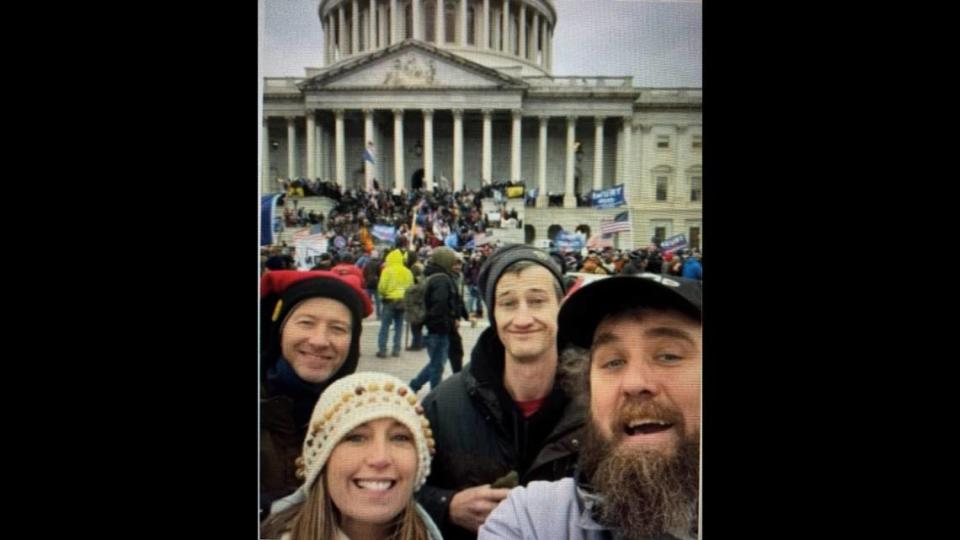 This photo from federal court documents shows three Springfield men — Zachary Martin, with beard, and brothers Michael and Stephen Quick, red cap, and Martin’s friend from Alabama, Kari Kelley, who accompanied them to the Capitol.