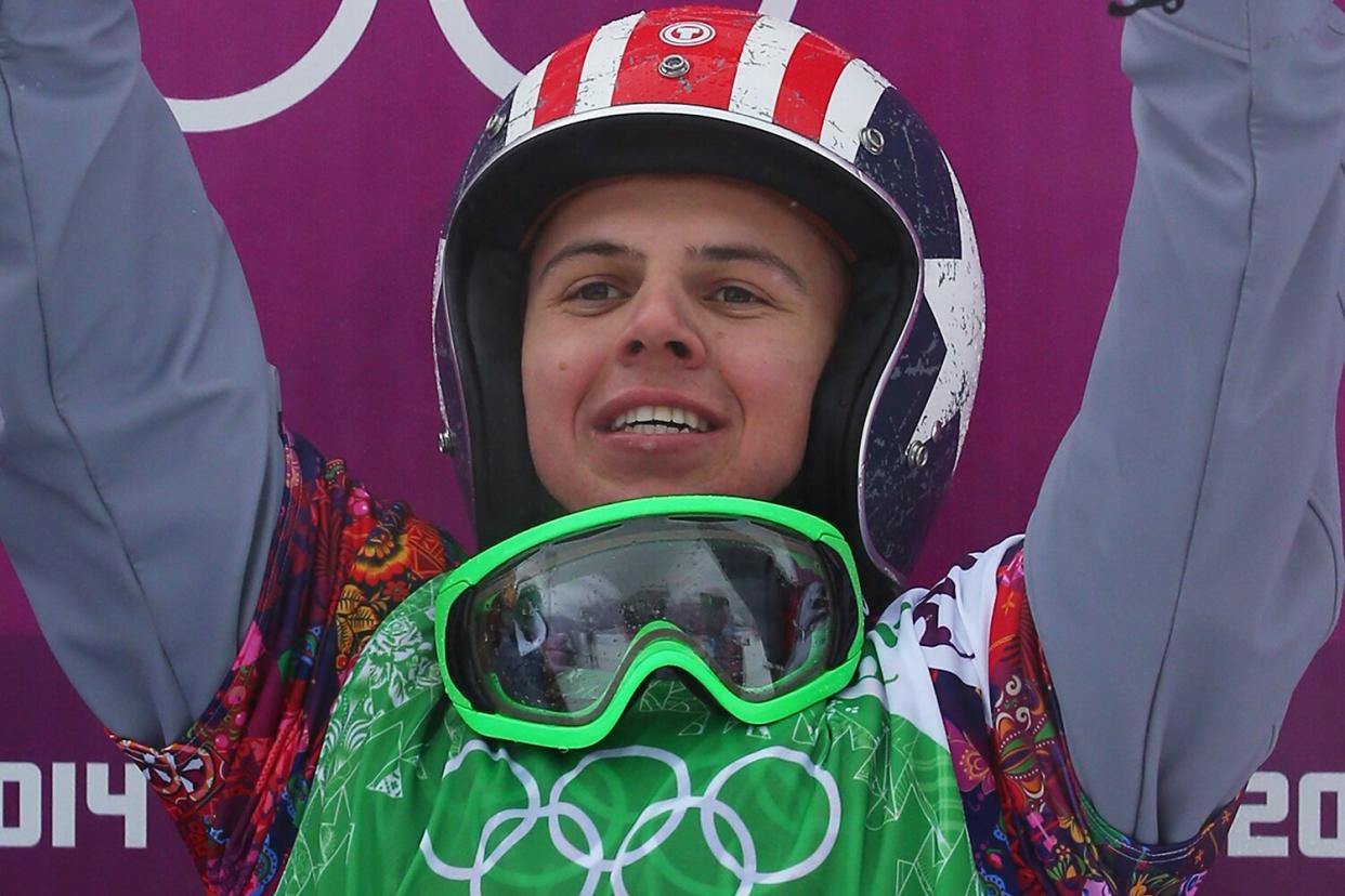 Trevor Jacob of the United States celebrates after the Men's Snowboard Cross Small Final on day eleven of the 2014 Winter Olympics at Rosa Khutor Extreme Park on February 18, 2014 in Sochi, Russia