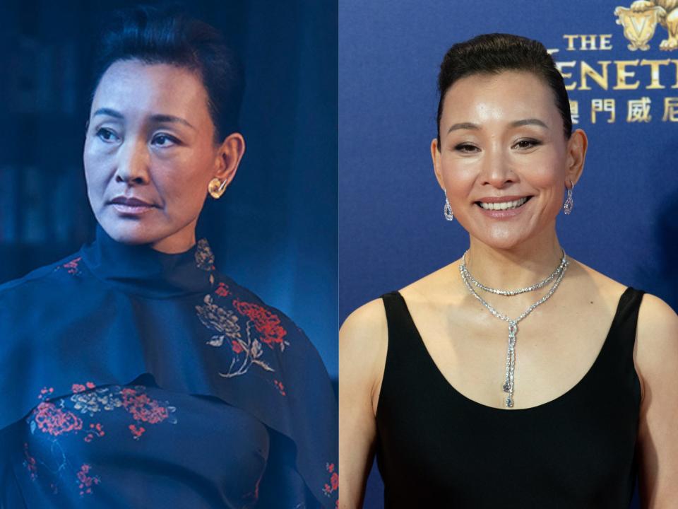 left: joan chen as lu mei; right: joan chen on a red carpet smiling