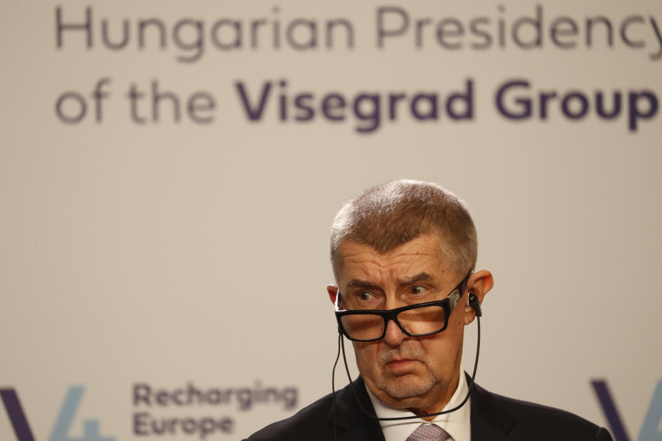 Prime Minister Andrej Babis of the Czech Republic addresses media at a news briefing in Budapest, Hungary, Tuesday, Nov. 23, 2021. The leaders of the Visegrad Four group of Central European countries met in Hungary's capital of Budapest Tuesday to discuss the ongoing migration crisis along Poland's border with Belarus. (AP Photo/Laszlo Balogh)