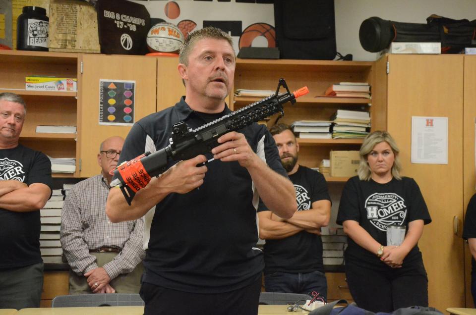 Calhoun County Sheriff Steve Hinkley teaches active shooter training to staff at Homer Schools in 2018.

(Trace Christenson/The Enquirer)