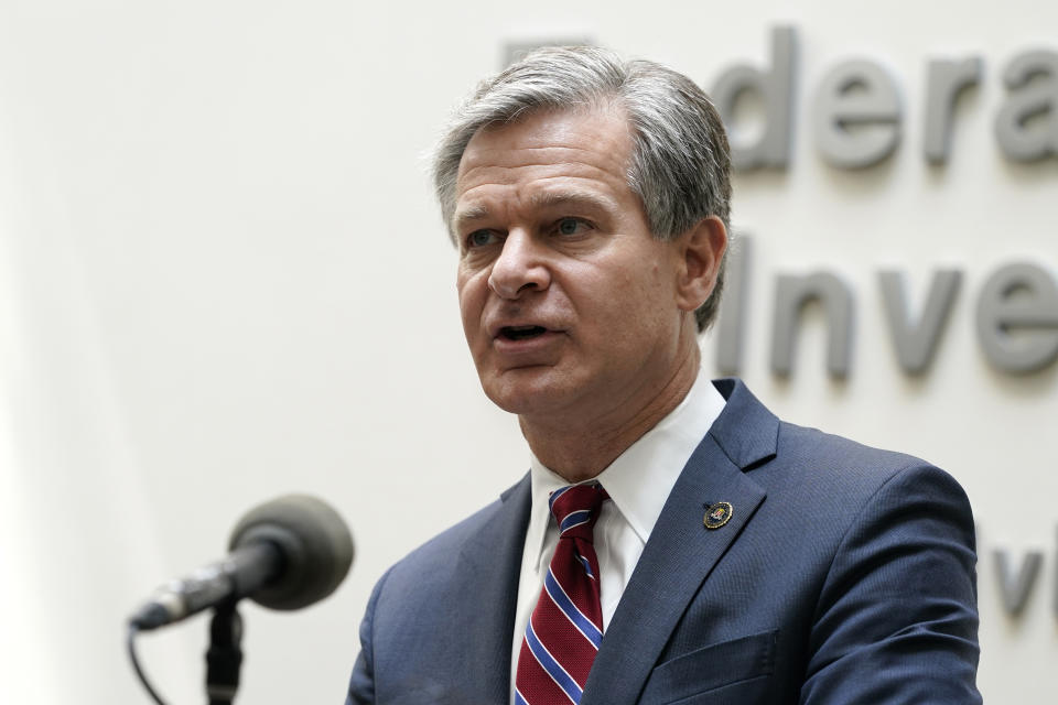 FBI Director Christopher Wray speaks during a news conference, Wednesday, Aug. 10, 2022, in Omaha, Neb. (AP Photo/Charlie Neibergall)