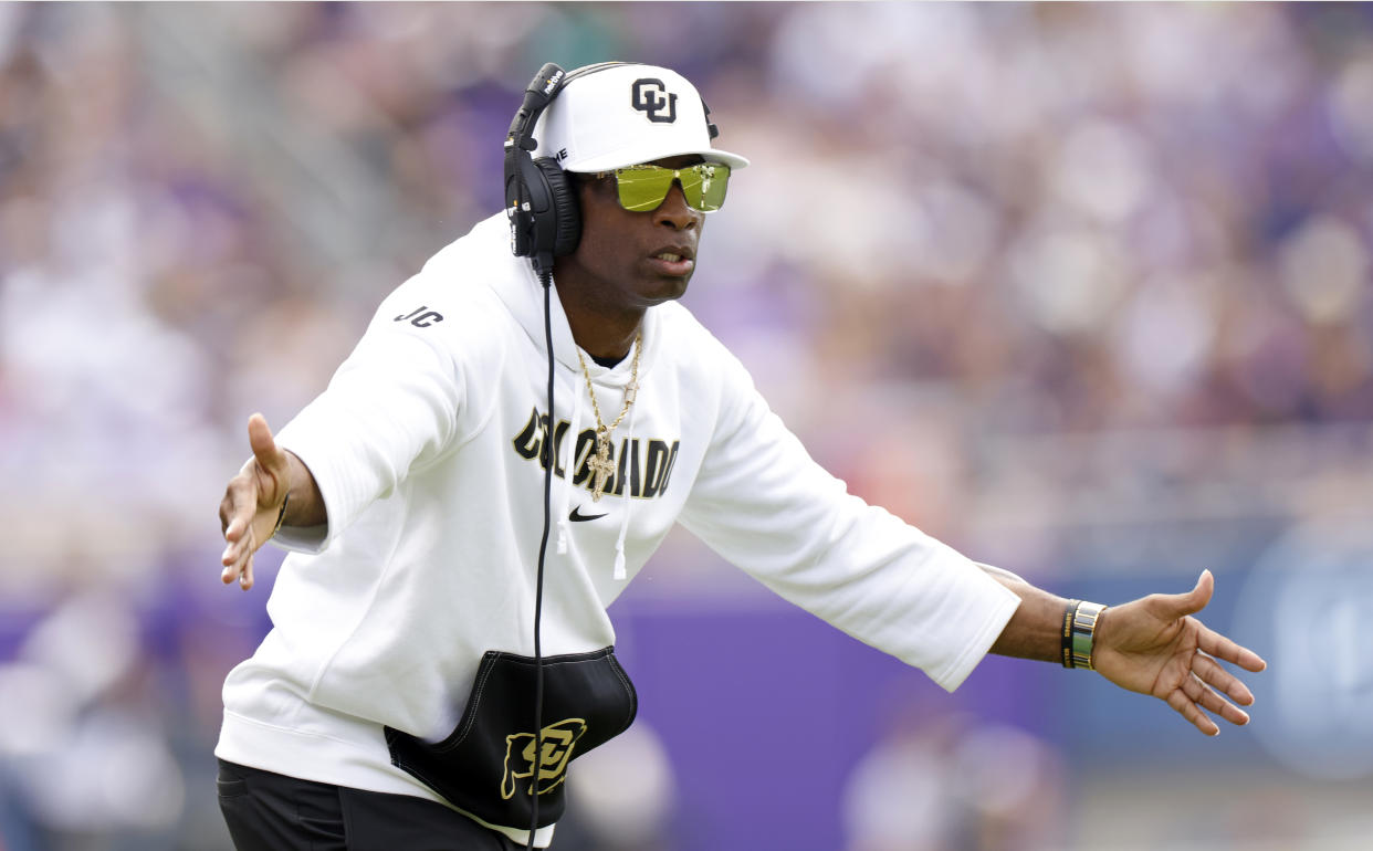 Deion Sanders celebrates a touchdown against TCU. (Ron Jenkins/Getty Images)