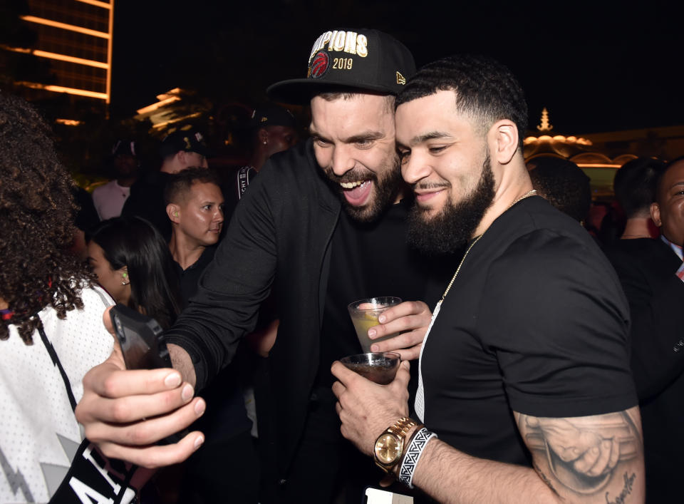 LAS VEGAS, NEVADA - JUNE 14: Marc Gasol (L) and Fred VanVleet of the Toronto Raptors celebrate their NBA championship at XS Nightclub at Wynn Las Vegas on June 14, 2019 in Las Vegas, Nevada. (Photo by David Becker/Getty Images for Wynn Las Vegas)