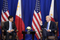 FILE - U.S. President Joe Biden, right, meets with Philippine President Ferdinand Marcos Jr. on Sept. 22, 2022, in New York. Marcos Jr. has reaffirmed ties with the United States, the first major power he visited since taking office in June, in a key turnaround from the often-hostile demeanor his predecessor displayed toward Manila's treaty ally. (AP Photo/Evan Vucci, File)