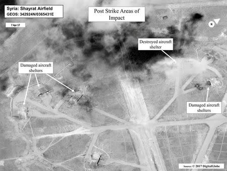 Battle damage assessment image of Shayrat Airfield, Syria, is seen in this DigitalGlobe satellite image, released by the Pentagon following U.S. Tomahawk Land Attack Missile strikes from Arleigh Burke-class guided-missile destroyers, the USS Ross and USS Porter on April 7, 2017. DigitalGlobe/Courtesy U.S. Department of Defense/Handout via REUTERS