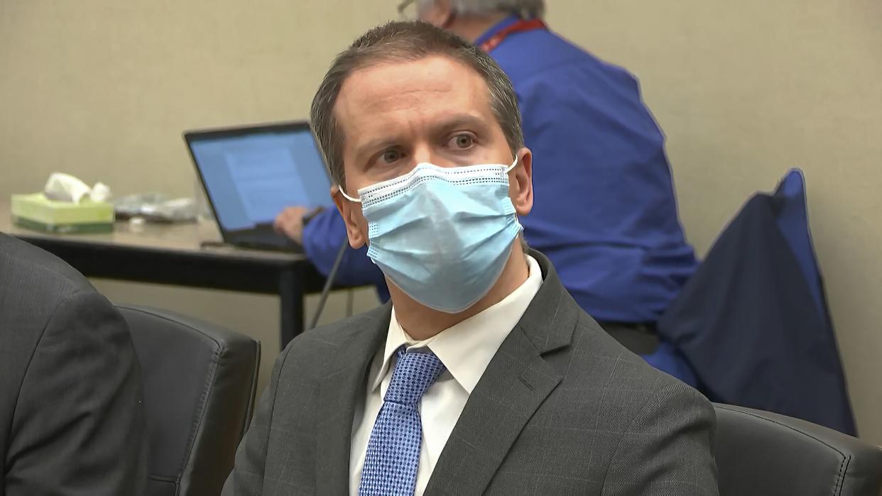 In this image from video, former Minneapolis police officer Derek Chauvin listens as the verdict is read in his trial for the 2020 death of George Floyd, Tuesday, April 20, 2021, at the Hennepin County Courthouse in Minneapolis.