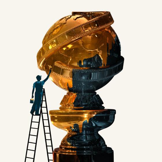 Illustration of a golden globe statue being painted with a new coat of gold.