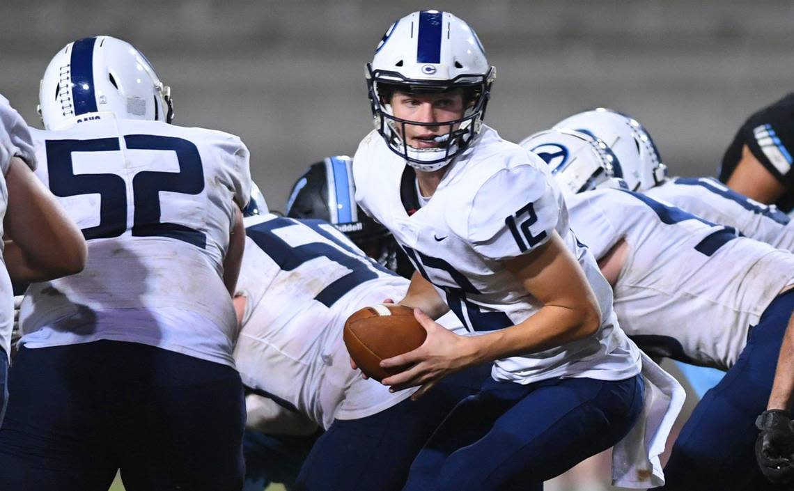 Central Valley Christian quarterback Max Bakker, center, in a game against Clovis North Friday, Sept. 9, 2022 in Clovis. CVC won the nonleague game 23-9.