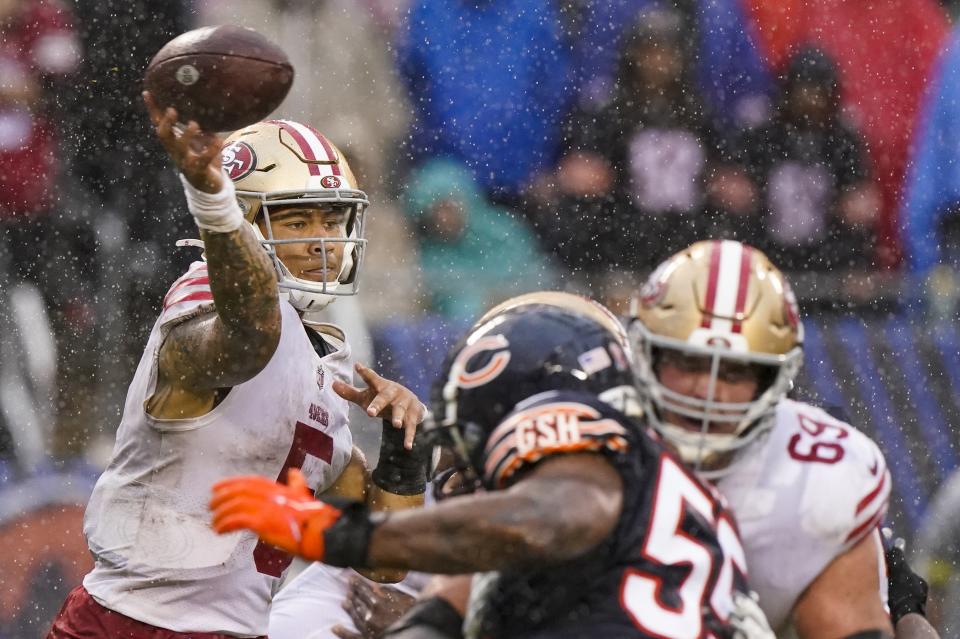 San Francisco 49ers' Trey Lance throws during the second half of an NFL football game against the Chicago Bears Sunday, Sept. 11, 2022, in Chicago. (AP Photo/Nam Y. Huh)