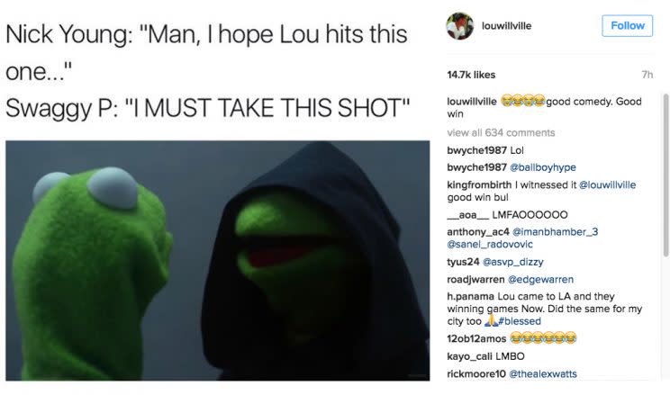 Lou Williams found the perfect meme to capture Nick Young's stolen game-winner. (Instagram)