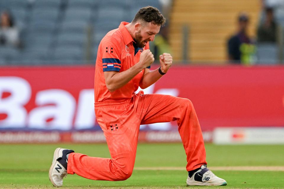 Paul van Meekeren celebrates the wicket of Buttler (AFP via Getty Images)