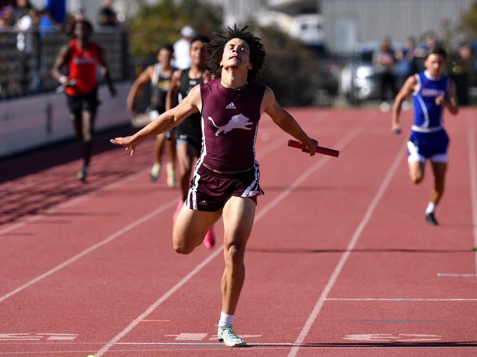 Brownwood senior Tyse Savage finishes first in the Boys 800 Meter Relay Friday at the District 5 & 6-4A area meet at Wylie High School April 21, 2023.