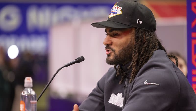 San Francisco 49ers linebacker Fred Warner speaks to the press during opening night festivities for Super Bowl LVIII at Allegiant Stadium in Las Vegas on Monday, Feb. 5, 2024. 