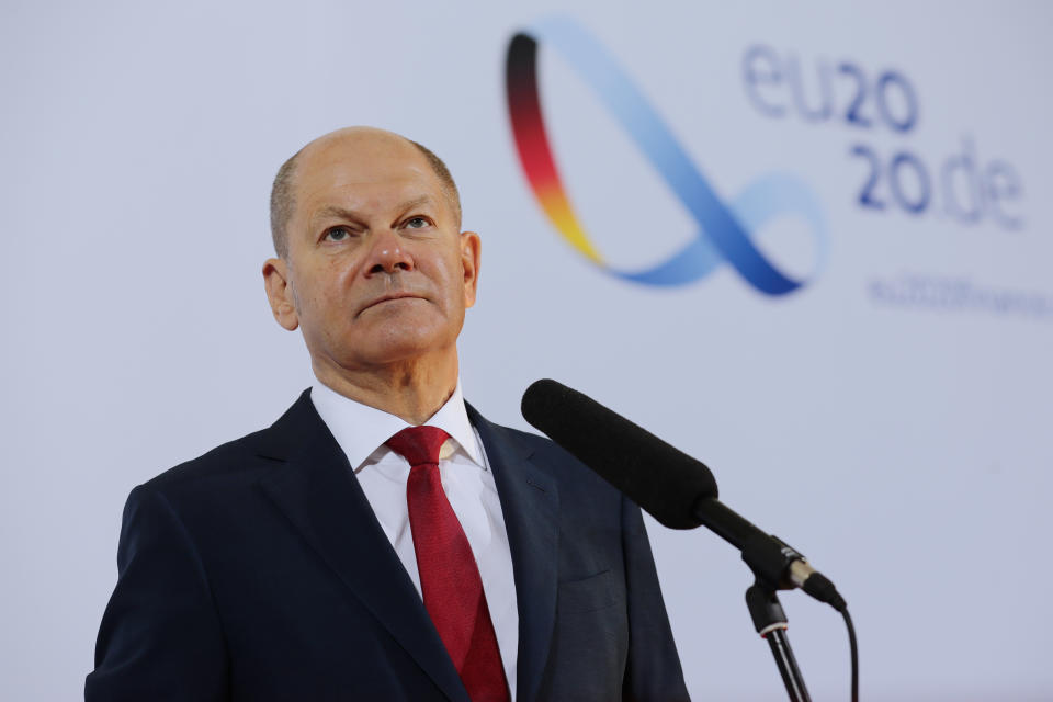 BERLIN, GERMANY - SEPTEMBER 11: German Minister of Finance Olaf Scholz attends an informal meeting of European Union ministers for economic and financial affairs on September 11, 2020 in Berlin, Germany. The meeting is taking place under the current German presidency of the European Council. (Photo by Hayoung Jeon - Pool / Getty Images)