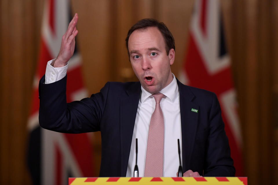 Britain's Health Secretary Matt Hancock speaks during a press briefing at Downing Street, in London, Britain February 1, 2021. Chris J Ratcliffe/Pool via REUTERS