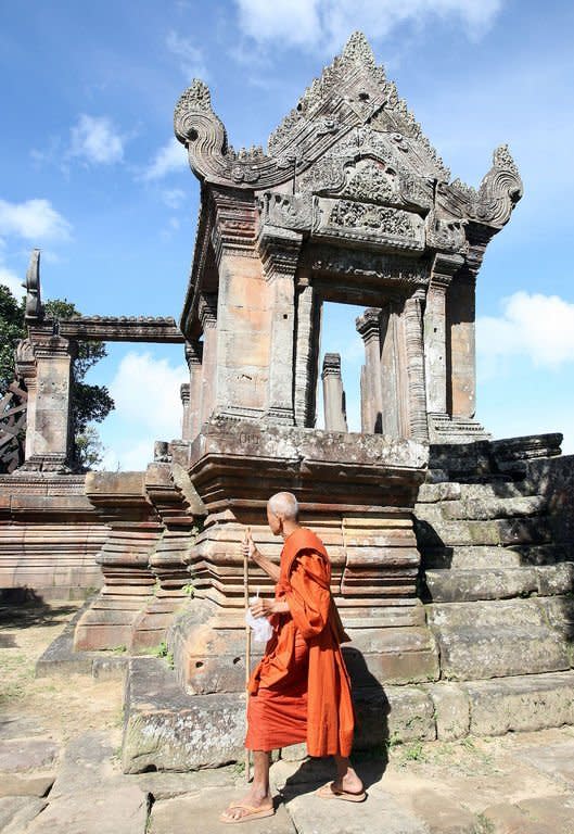 A Cambodian Buddhist monk is seen near the Preah Vihear temple in Preah Vihear province, north of Phnom Penh, along the border with Thailand, on November 7, 2008. Thailand and Cambodia are to face off at the UN's highest court Monday in a dispute over land surrounding the temple that has seen deadly clashes along their joint border