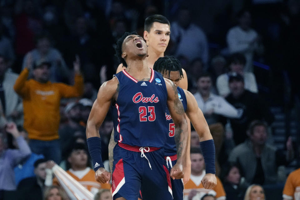 Florida Atlantic guard Brandon Weatherspoon reacts after a play during the second half of a Sweet 16 college basketball game against Tennessee in the East Regional of the NCAA tournament at Madison Square Garden, Thursday, March 23, 2023, in New York. (AP Photo/Frank Franklin II)