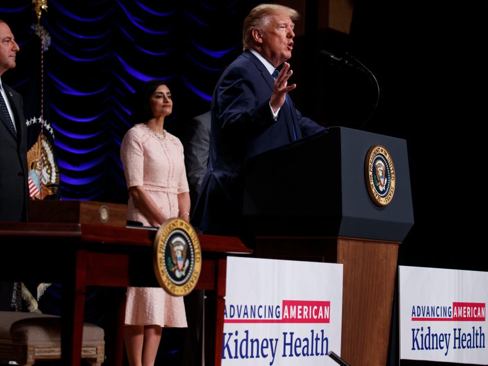 Secretary of Health and Human Services Alex Azar and administrator of the Centers for Medicare and Medicaid Services Seema Verma look on as President Donald Trump speaks during an event on kidney health at the Ronald Reagan Building and International Trade Center, Wednesday, July 10, 2019, in Washington. (AP Photo/Evan Vucci)