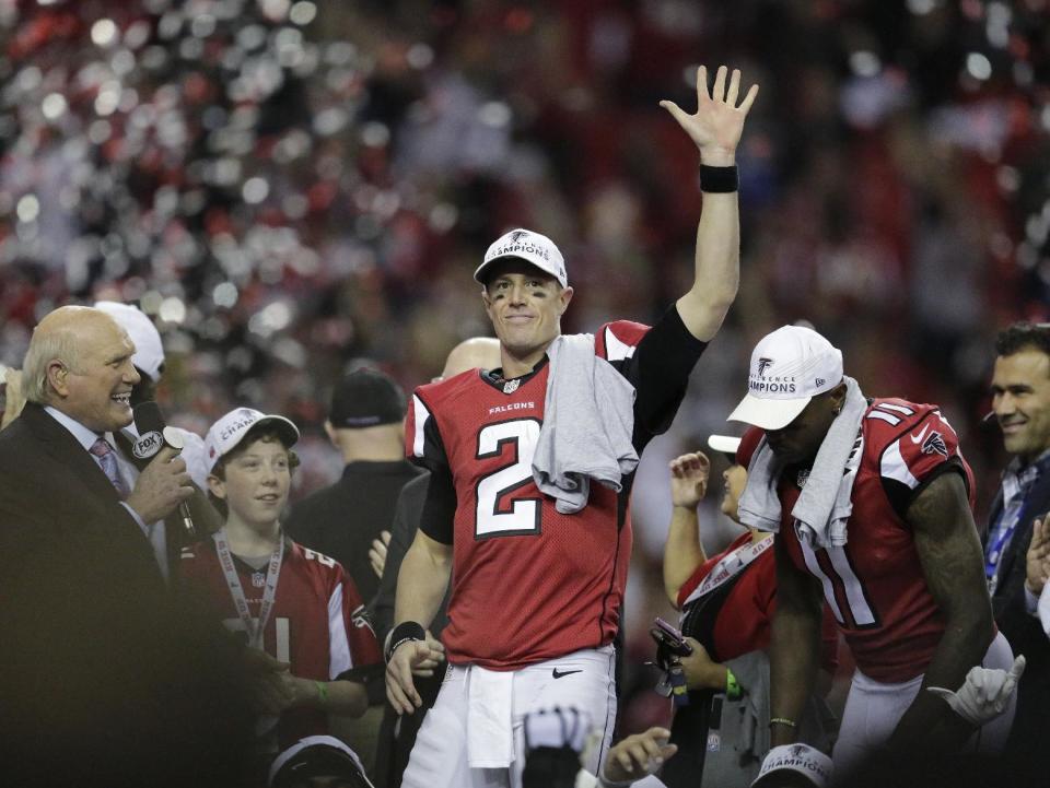 Atlanta Falcons' Matt Ryan celebrates after the NFL football NFC championship game against the Green Bay Packers Sunday, Jan. 22, 2017, in Atlanta. The Falcons won 44-21 to advance to Super Bowl LI. (AP Photo/David Goldman)