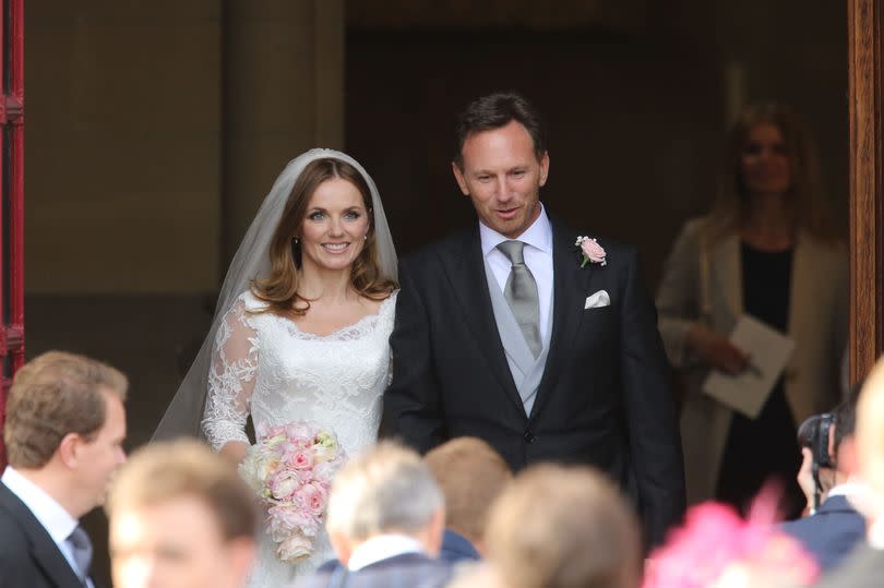 Spice Girl Geri Halliwell and her new husband Formula 1 boss Christian Horner after their wedding at St Mary's Church in Woburn, Bedfordshire. PRESS ASSOCIATION Photo. Picture date: Friday May 15, 2015. See PA story SHOWBIZ Halliwell. Photo credit should read: Chris Radburn/PA Wire