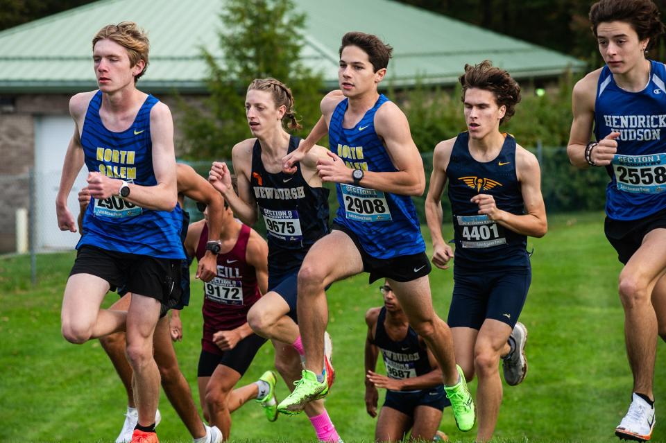 North Salem, Newburgh, Hen Hud and other runners compete in the boys varsity 1 race during the Oct. 8, 2023 Brewster Bear Cross-Country Classic in Brewster.