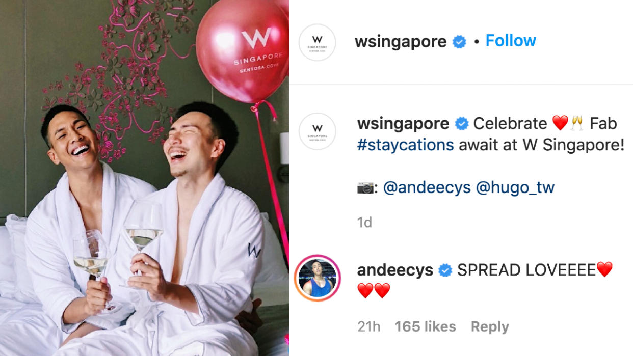 W Hotel Singapore - Sentosa Cove posted a photo of gay influencers, couple Andee Chua and Hugo Liu at a hosted stay on 14 September 2020.