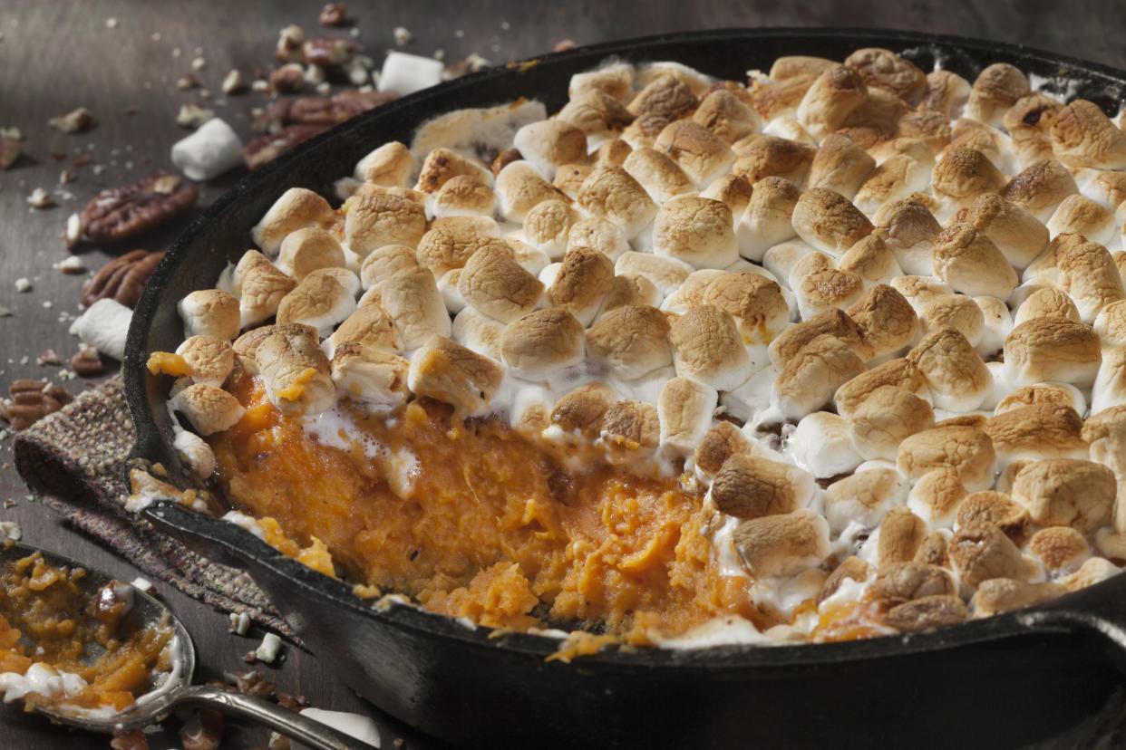 Sweet Potato Casserole with Pecans and Marshmallows