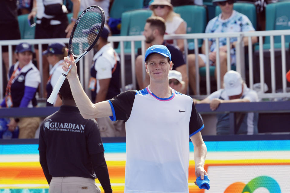 Jannik Sinner of Italy gestures after defeating Christopher O'Connell during the Miami Open tennis tournament, Tuesday, March 26, 2024, in Miami Gardens, Fla. (AP Photo/Marta Lavandier)