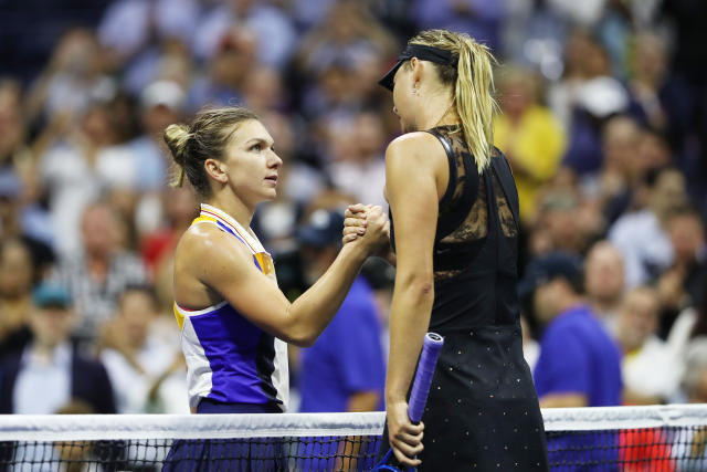 Simona Halep (pictured left) shakes hands with Maria Sharapova (pictured right) at the US Open.
