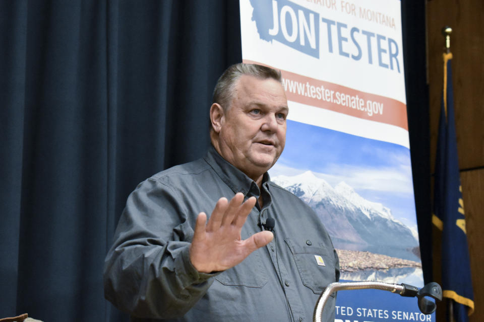 Sen. Jon Tester, D-Mont., speaks during a town hall hosted by the Democratic lawmaker at Montana Technological University, Nov. 10, 2023, in Butte, Mont. Tester lawmaker is seeking re-election to a fourth term. (AP Photo/Matthew Brown)