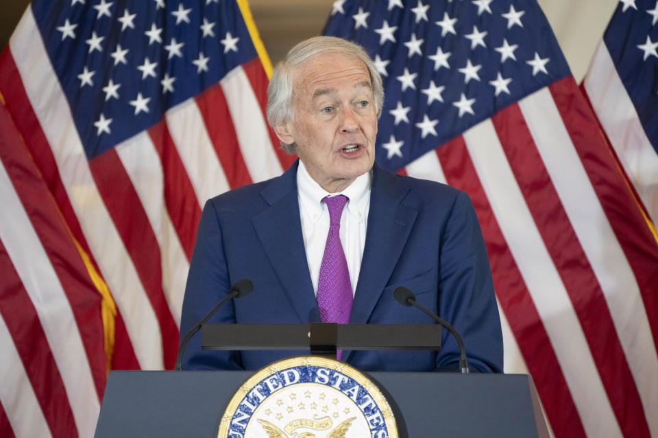 Sen. Ed Markey, D-Mass., speaks during a ceremony to honor members of the Ghost Army, a secretive WWII-era unit, with the Congressional Gold Medal on Capitol Hill, Thursday, March 21, 2024, in Washington. (AP Photo/Mark Schiefelbein)