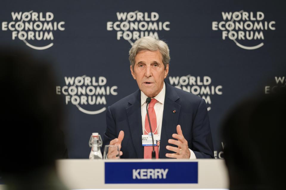 John F. Kerry, Special Presidential Envoy for Climate of the United States, speaks during a news conference at the World Economic Forum in Davos, Switzerland, Tuesday, May 24, 2022. The annual meeting of the World Economic Forum is taking place in Davos from May 22 until May 26, 2022. (AP Photo/Markus Schreiber)