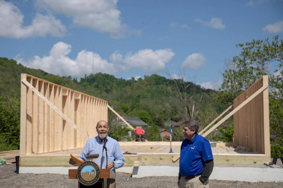 Hazard Mayor “Happy” Mobelini speaks during a wall raising event where nonprofit Housing Development Alliance announced it is constructing a 15-home subdivision in the Allais area of Hazard, Ky., Tuesday, May 11, 2021. The site of the new subdivision was previously a dilapidated and abandon strip mall.