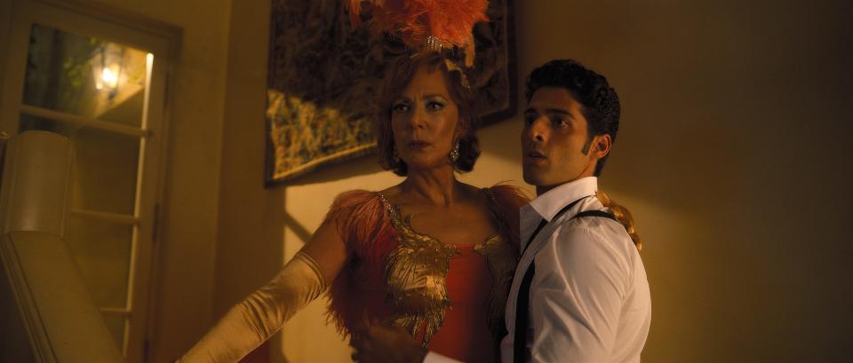 Allison Janney is Evelyn and Jason Canela is Eddie in Episode 10 of "Palm Royale" on Apple TV+.