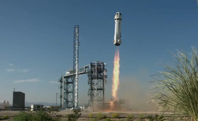 Blue Origin’s New Shepard rocket ship lifts off in West Texas. (Blue Origin via YouTube)