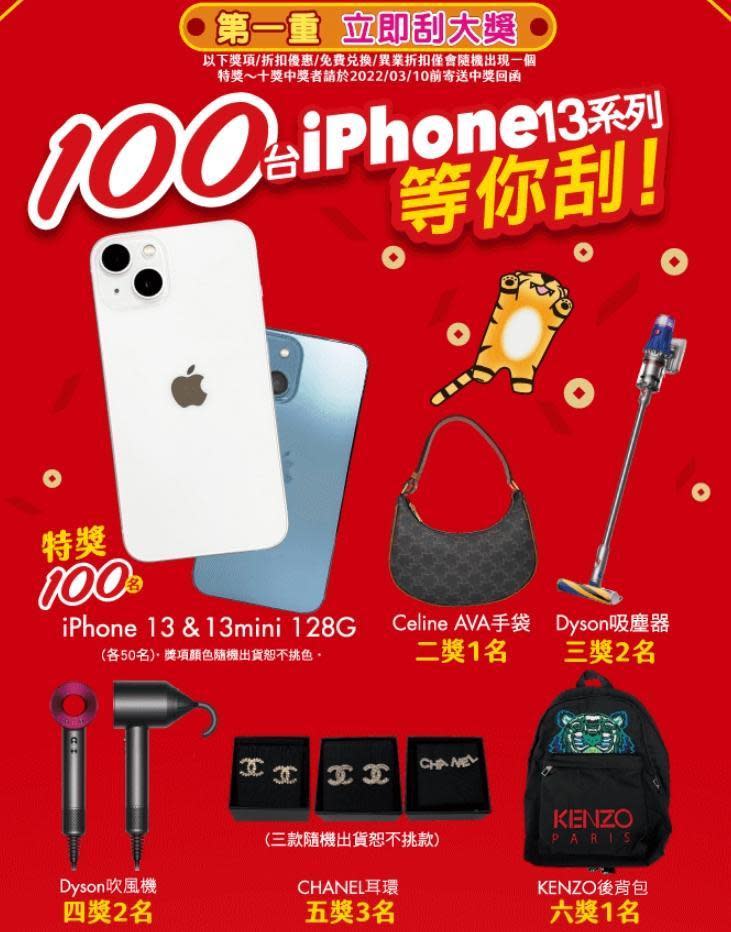 萊爾富福袋前後有3重關卡，獎品有iPhone 13、吸塵器、汽車等大禮。（翻攝自萊爾富福袋活動官網）