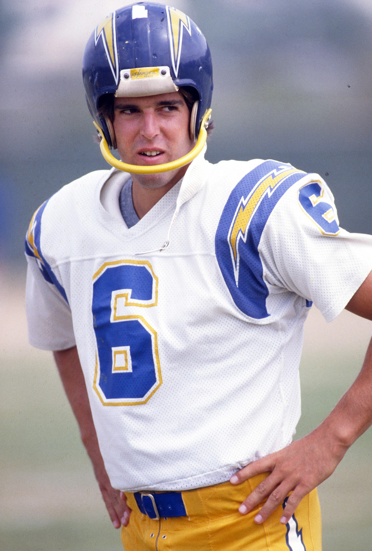 Rolf Benirschke #6 of the San Diego Chargers looks on during pregame warmups prior to the start of an NFL football game circa 1980 in San Diego. (Focus On Sport / Getty Images)
