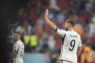 Germany's Niclas Fuellkrug waves at the end of the World Cup group E soccer match between Spain and Germany, at the Al Bayt Stadium in Al Khor , Qatar, Sunday, Nov. 27, 2022. (AP Photo/Luca Bruno)