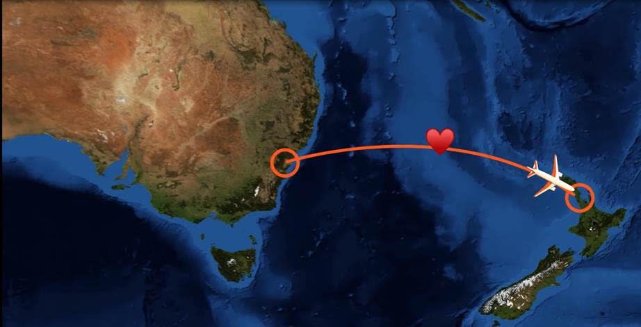 map of plane route from Sydney to Auckland