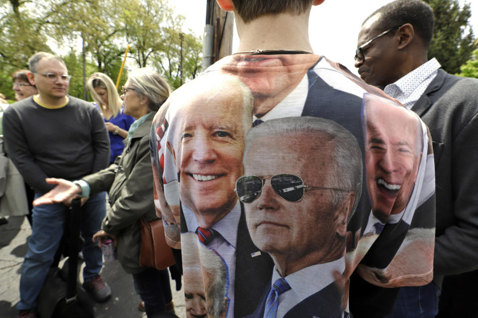 Mason St. Clair of Niles, Ohio, waits in line wearing a short featuring photos of former Vice President and Democratic presidential candidate Joe Biden before a rally at the Teamster Hall Local 249 in Pittsburgh, Monday, April 29, 2019. (AP Photo/Gene J. Puskar)