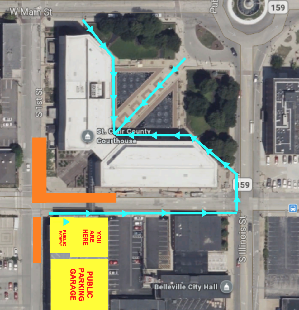 This satellite image of the St. Clair County Courthouse in downtown Belleville shows planned building access restrictions as part of a construction project. Orange areas depict construction activities. The blue line shows the path visitors will be directed to travel during shutdowns of the tunnel between the South First Street public parking garage and courthouse.