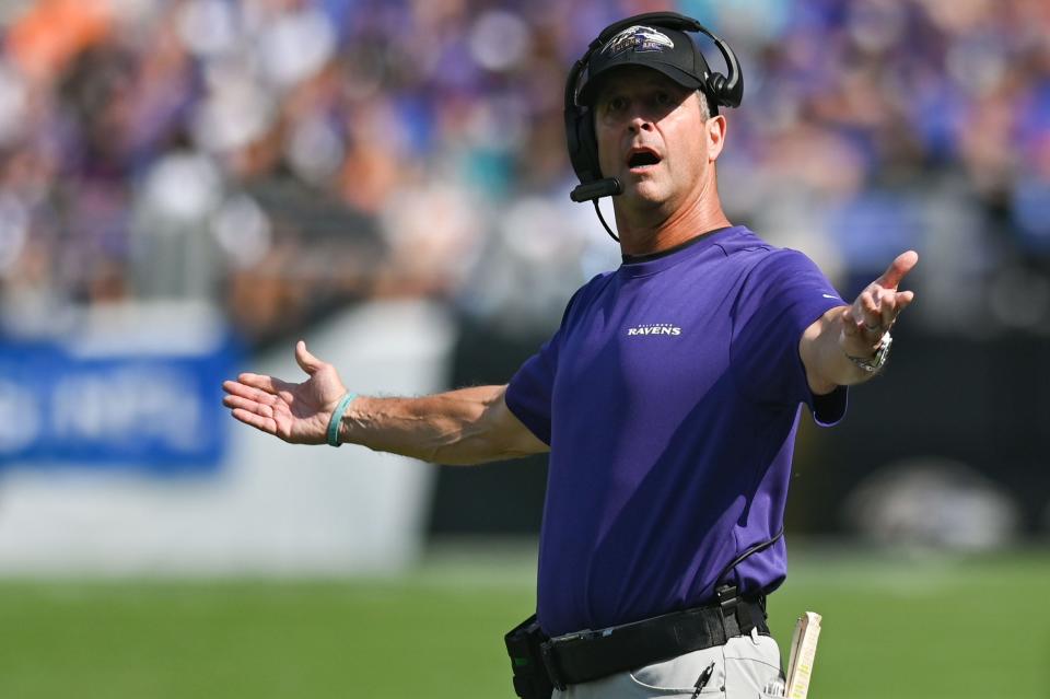 Ravens coach John Harbaugh was upset for much of the fourth quarter Sunday as he watched his team give away a three-touchdown lead and eventually lose to the Dolphins.