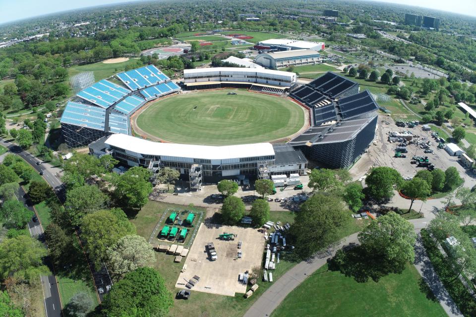 An aerial view of the Nassau County Cricket Stadium on Long Island, New York. The 34,000-seat modular cricket stadium has been specially constructed for the upcoming ICC Men's T20 World Cup 2024.