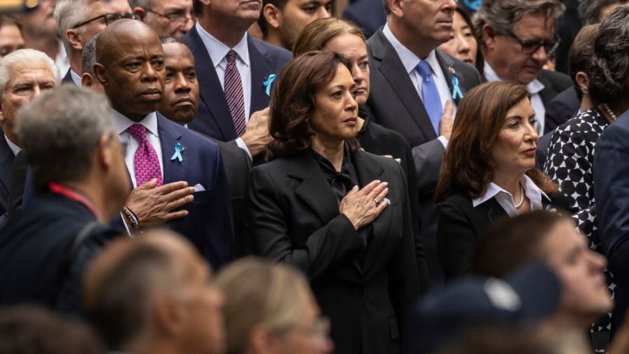 (From left) New York City Mayor Eric Adams, Vice President Kamala Harris and New York Governor Kathy Hochul attend the commemoration ceremony on the 22nd anniversary of the September 11, 2001 terror attacks Monday in New York. (Photo: Yuki Iwamura/AP)