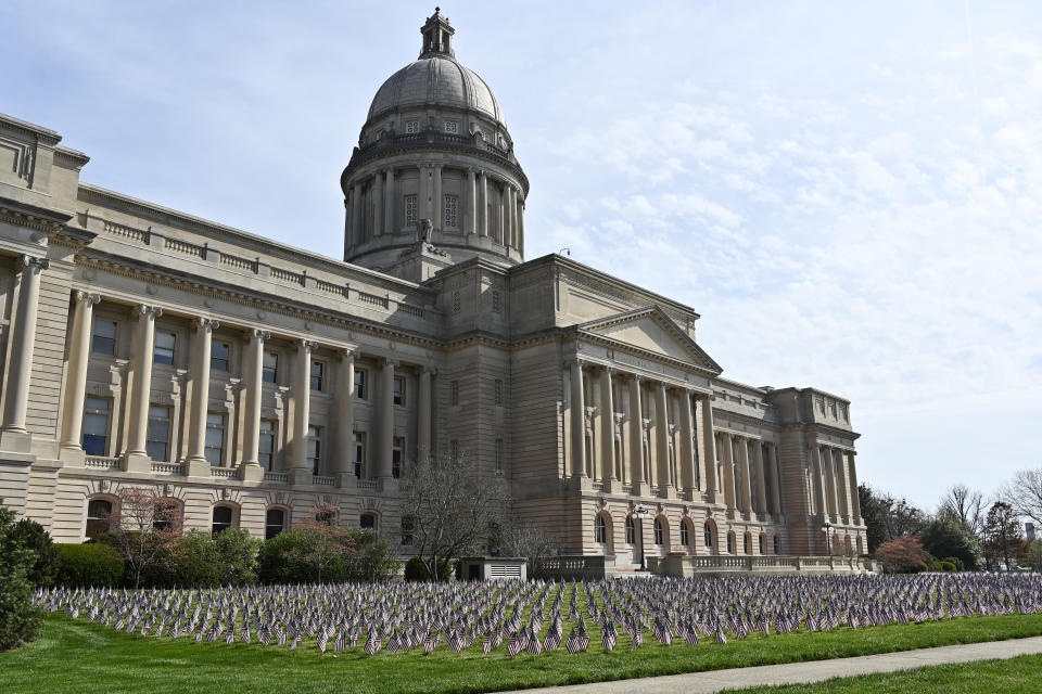 FILE - The Kentucky state Capitol in Frankfort, Ky., is pictured on April 7, 2021. A Republican-led push to phase out Kentucky's individual income tax hit a snag when a fiscal trigger wasn't met to keep it shrinking in 2025, but key lawmakers say that means it's working exactly as intended. (AP Photo/Timothy D. Easley, File)