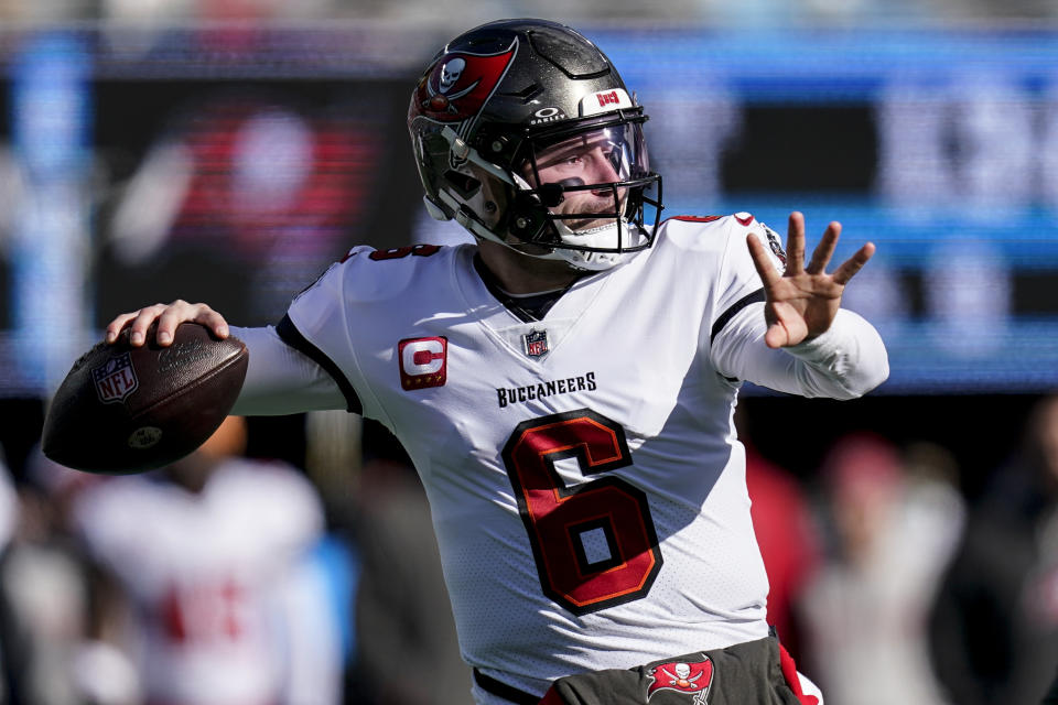 Tampa Bay Buccaneers quarterback Baker Mayfield (6) works in the pocket against the Carolina Panthers during the first half of an NFL football game, Sunday, Jan. 7, 2024, in Charlotte, N.C. (AP Photo/Erik Verduzco)